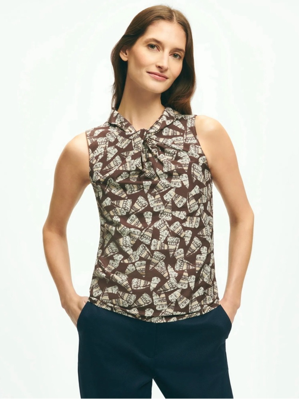 Brooks Brothers Brown Shell Print Tie-Neck Top Sleeveless Blouse Size 12 Office